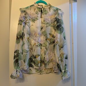 Sheer feminine tropical jungle print blouse White House black market S